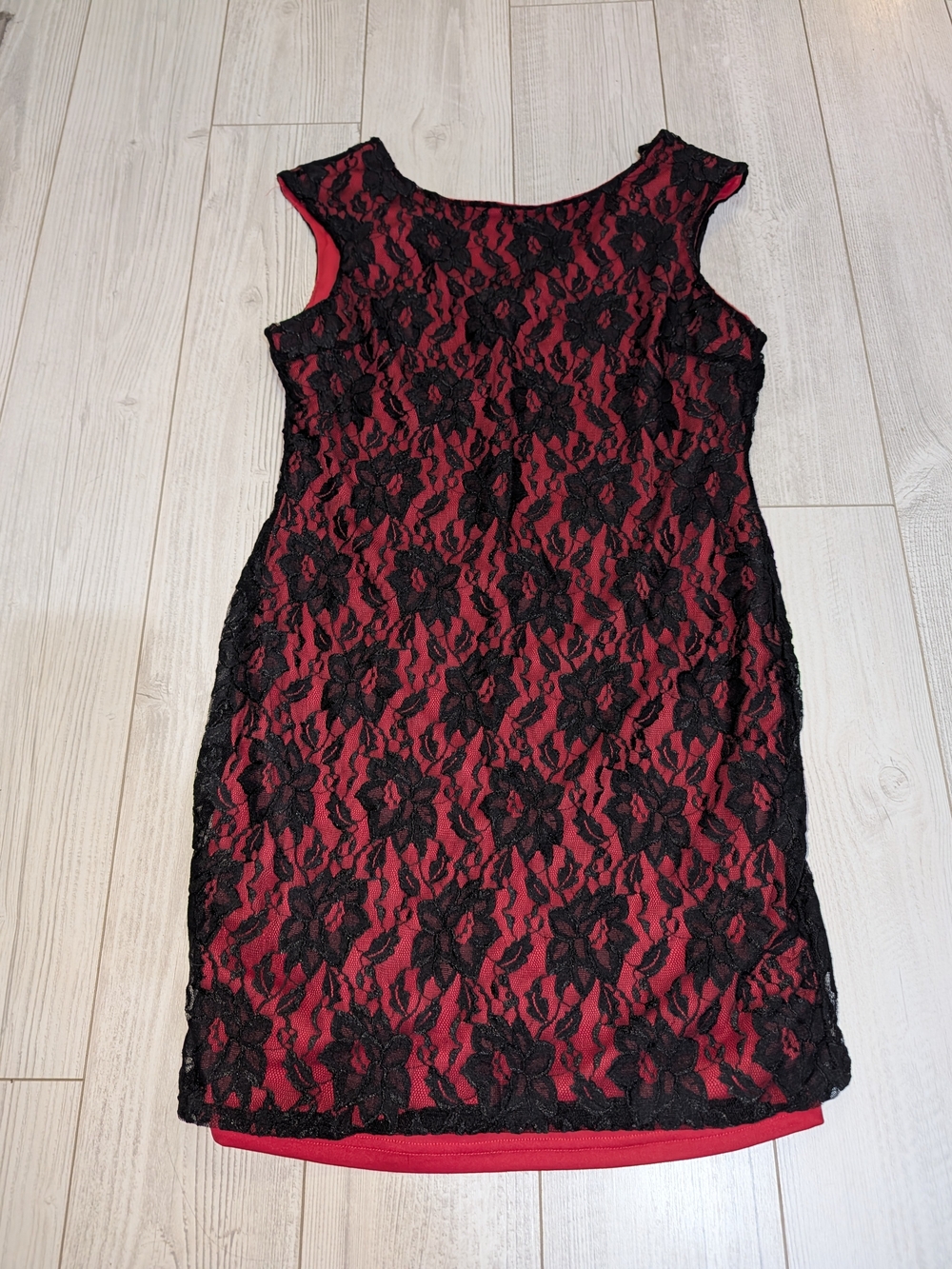 Suzy Shier Red Dress with Black Floral Lace Overlay
